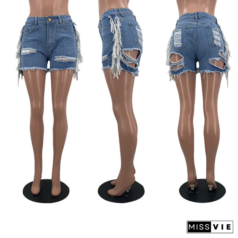 Casual Summer Ripped Washed Fringed Denim Shorts