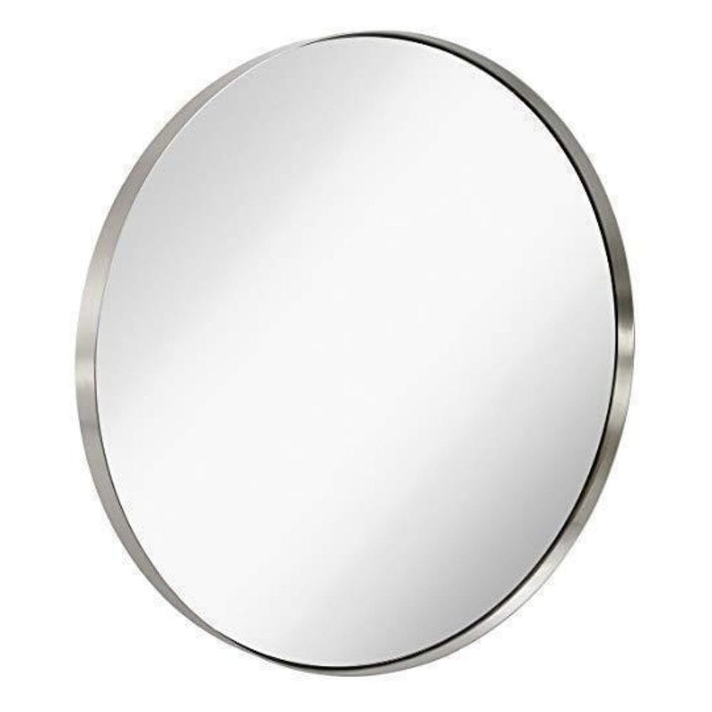 Contemporary Brushed Metal Silver Wall Mirror | Glass Panel Silver Framed Rounded Circle  (35