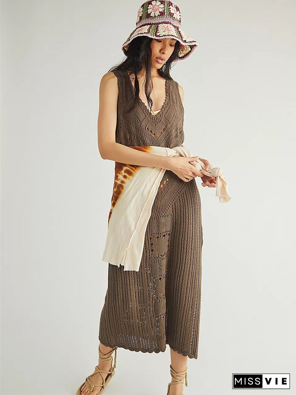 Knitted Hollow Sleeveless Long Skirt Holiday Casual Beach Blouse