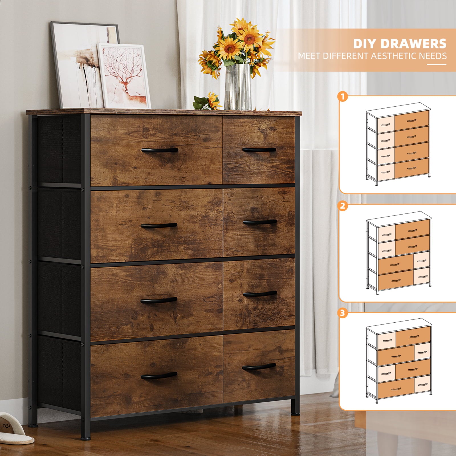 EnHomee 8 Drawer Dresser for Bedroom Fabric Dresser with Wooden Top Tall Dressers & Chest of Drawers TV Stand Storage Dresser for Livingroom Closet Entryway, Rustic Brown, 1 Piece