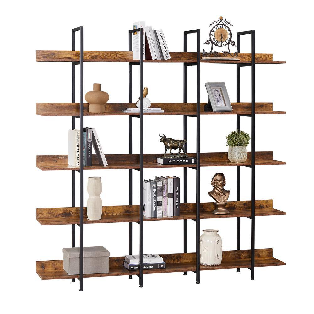 Polibi 70.87 in. H Brown Vintage Industrial Style 5-Shelf Bookcase with Metal Frame and MDF Board RS-708SSB-BN