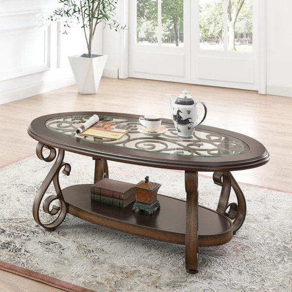 Oaks Aura Dark Brown French Country Coffee Table with Glass Table Top and Powder Coat Finish Metal Legs