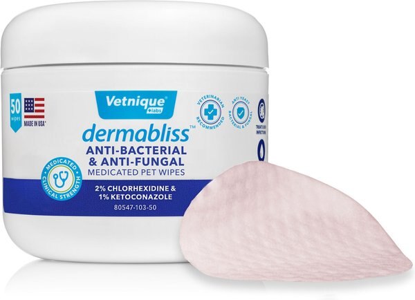 Vetnique Labs Dermabliss Medicated Skin Wipes Anti-Bacterial and Anti-Fungal Medicated Hot Spot and Skin Fold Dog and Cat Wipes， 50 count