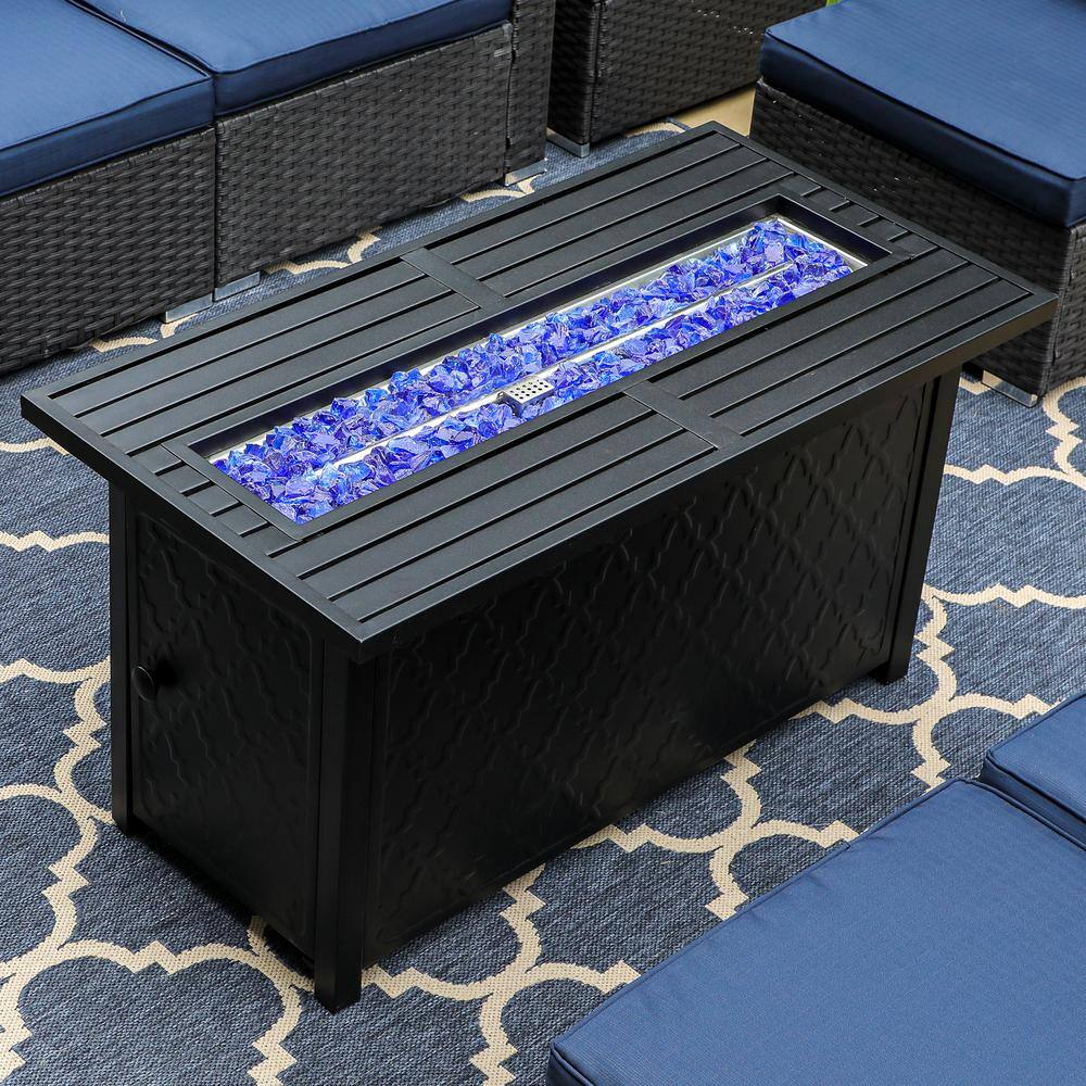 PHI VILLA Leather Grain 44.88 in. x 24.8 in. 50000 BTU Rectangle Metal Gas Fire Pit Table with Lid and Blue Fire Glass THD-E02GS007