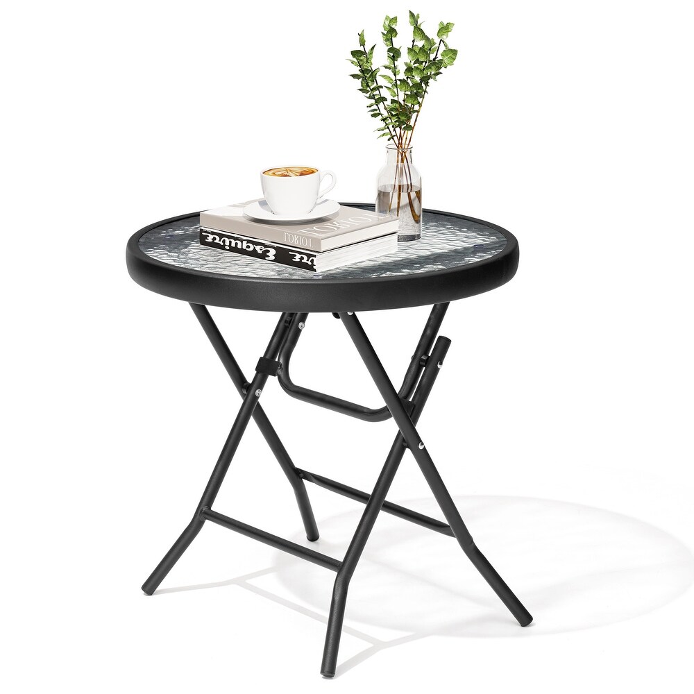 Crestlive Outdoor Side Table Patio Small Folding Table with Tempered Glass Table Top