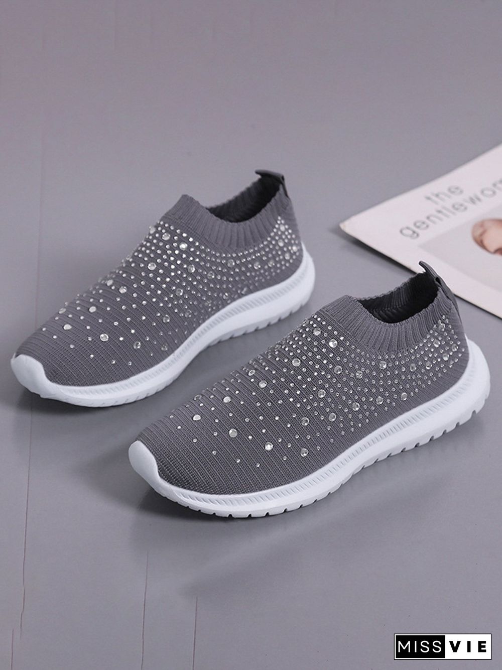 Rhinestone Design Portable Overfoot Lightweight Flyknit Sneakers