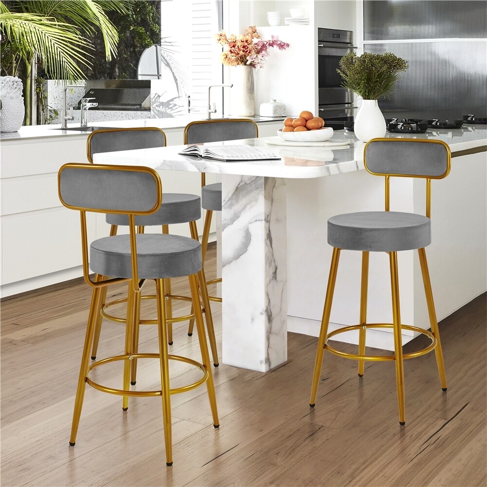 Yaheetech 2pcs Velvet Bar Stools With Gold Legs Counter height Bar Stools with Backrest and Footrest   N/A