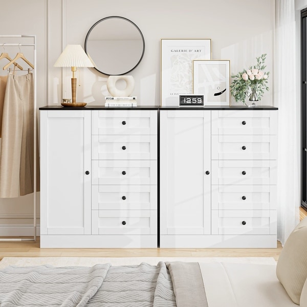 5 Drawer Dresser with Door， White Storage Cabinet with Drawers and Shelves， Modern Chest of Drawers Closet Organizers - - 37668247