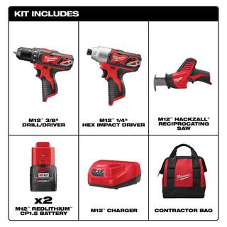 MW M12 12V Lithium-Ion Cordless Combo Tool Kit (3-Tool) w(2) 1.5Ah Batteries (1) Charger (1) Tool Bag 2498-23