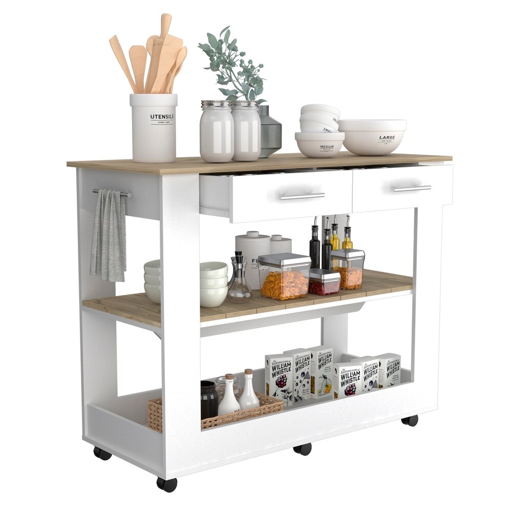 Rectangle Kitchen Island Cart w/ 2 Layer Storage Rack   Drawer Modern Microwave Stand Plant Stands w/ Towel Bar  Black