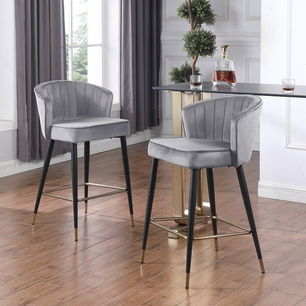 Velvet Upholstered Bar Stool Tufting Tipped Black Metal Leg (Set of 2)