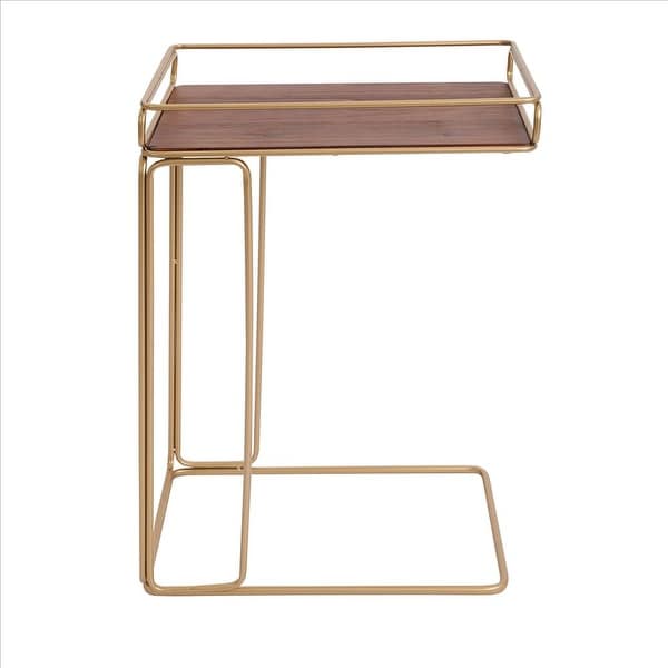 C Shaped Side Table with Metal Frame， Brown and Gold - Brown and Gold - 9.85 L x 16.15 W x 24.82 H Inches