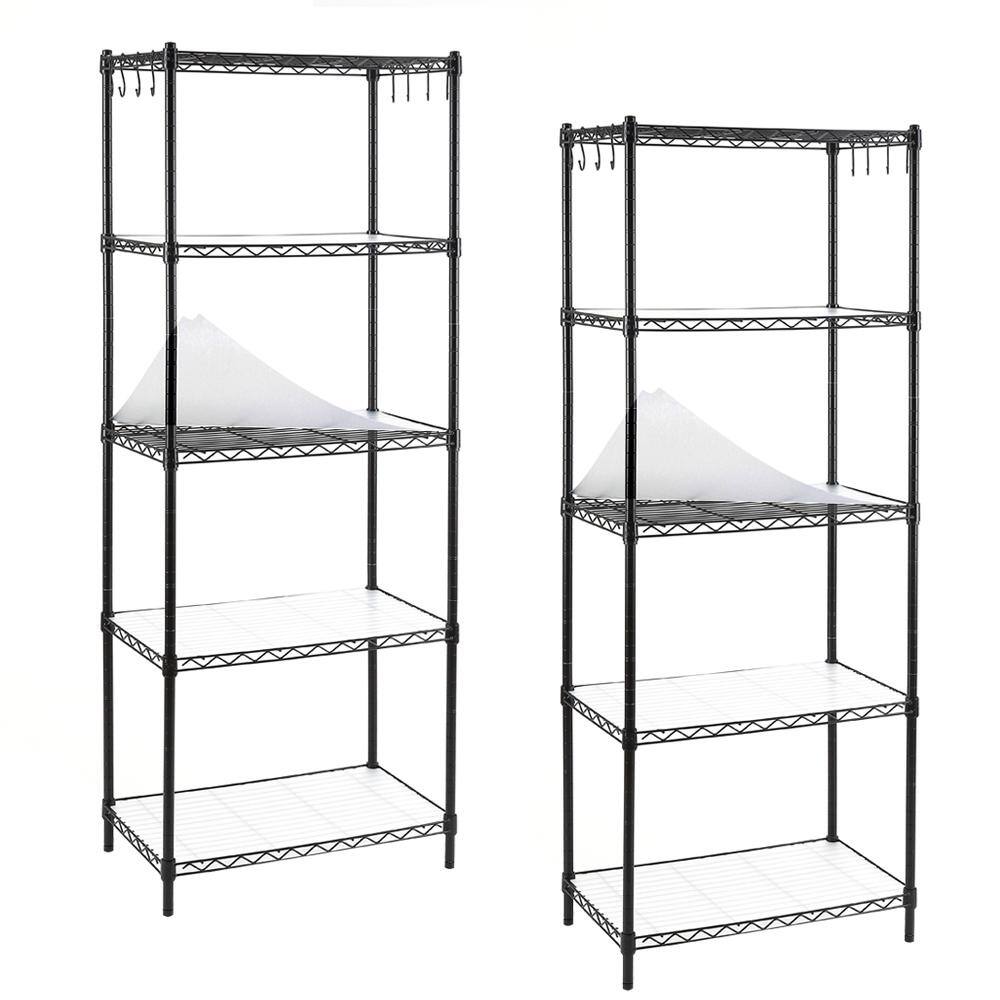 EFINE Black 5-Tier Carbon Steel Wire Garage Storage Shelving Unit with 8 Hooks (2-Pack) (23.6 in. W x 59 in. H x 14 in. D) RL100-5X2