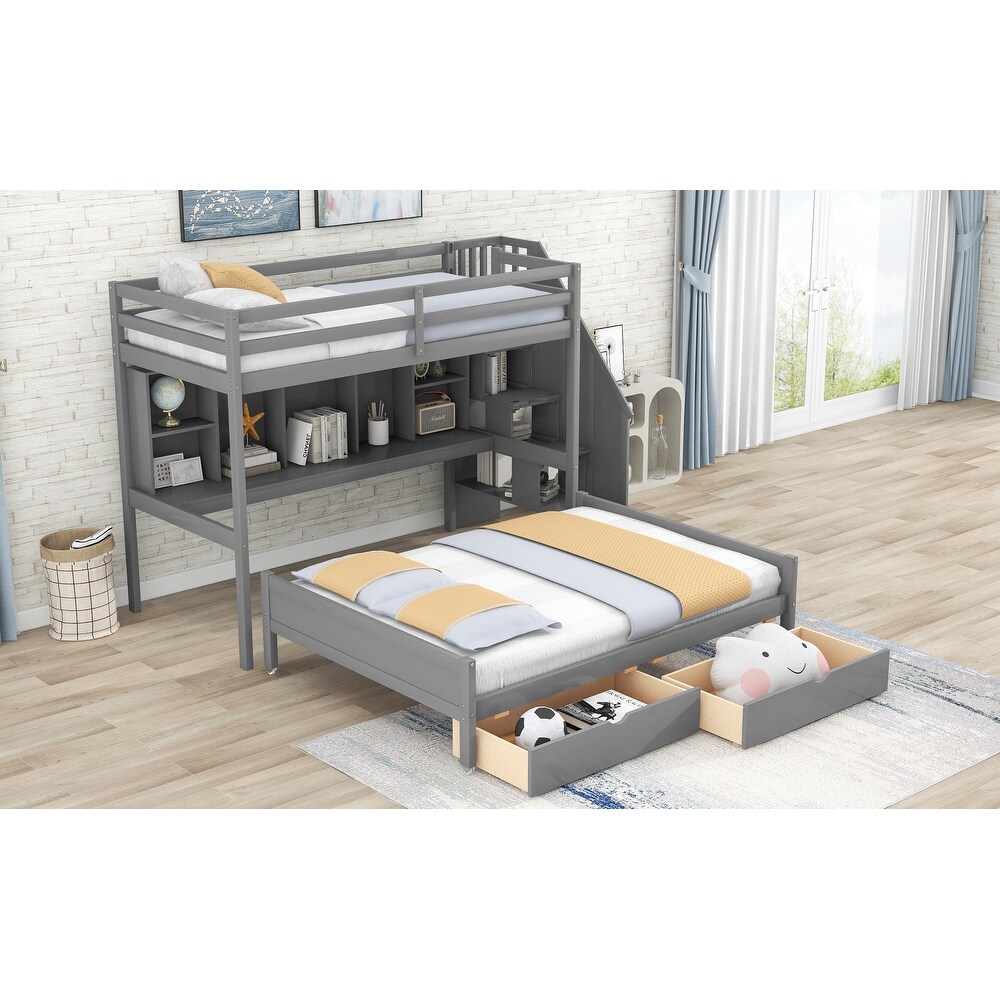 Gray Twin XL over Full Bunk Bed with Built in Storage Shelves  Drawers and Staircase  97.2''L*118.3''W*66.1''H  286.5LBS