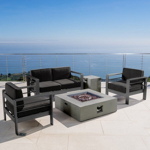 Cape Coral Outdoor Aluminum 5piece Chat Set with Cushions and Fire Table by Christopher Knight Home