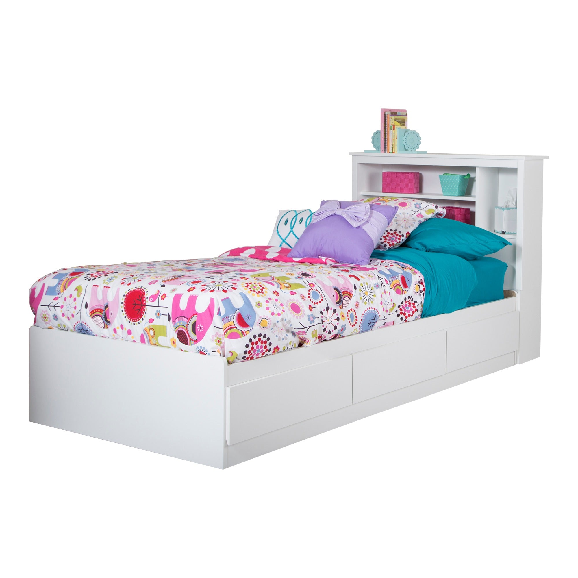 South Shore Vito Mates Bed, Twin, Pure White, Bookcase Headboard