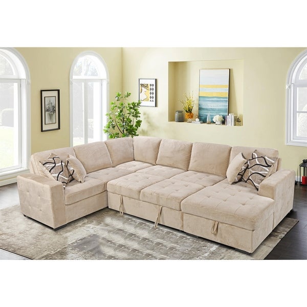 123 Inch U Shaped Sectional Sofa With Storage And 4 Throw Pillows