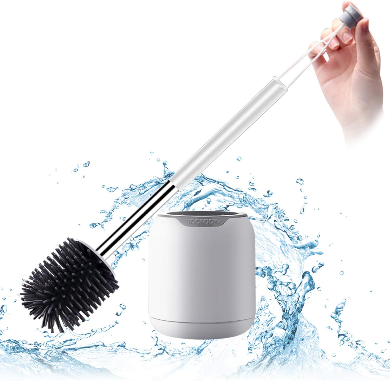 BOOMJOY Toilet Brush and Holder Set, Silicone Bristles Bathroom Cleaning Bowl Brush Kit with Tweezers, Bathroom Accessories with Aluminum Handle - White