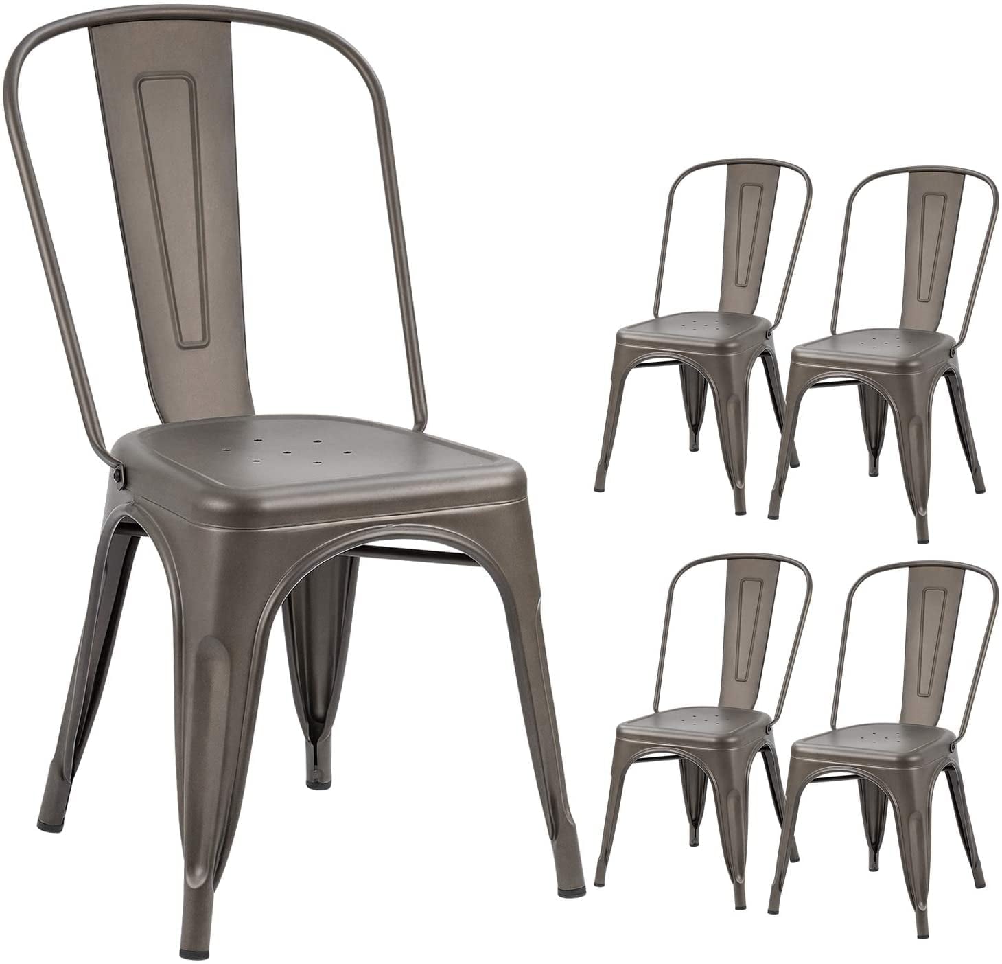 VINEEGO Metal Dining Chair Indoor-Outdoor Use Stackable Classic Trattoria Chair Fashion Dining Metal Side Chairs for Bistro Cafe Restaurant Set of 4 (Gun)