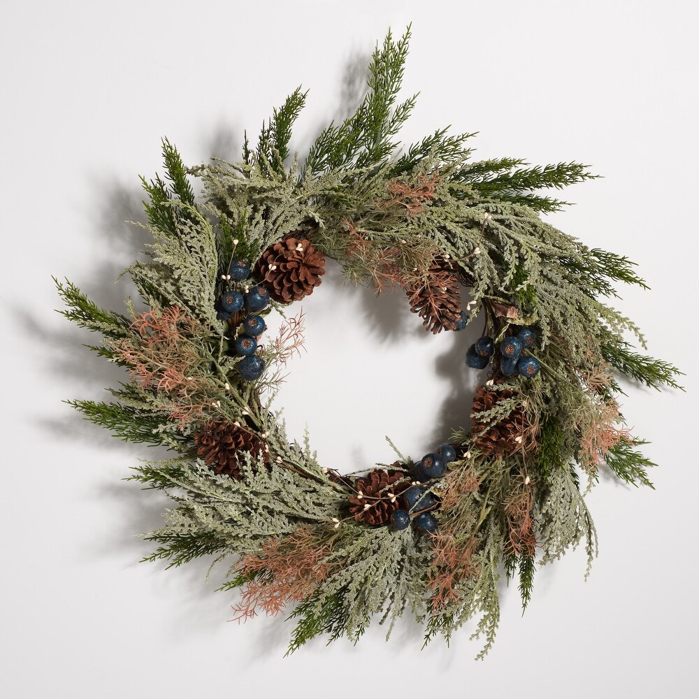 SAFAVIEH Faux 24 Inch Pine Wreath W/ Pine Cones   Blueberries   Green/Blue   24\