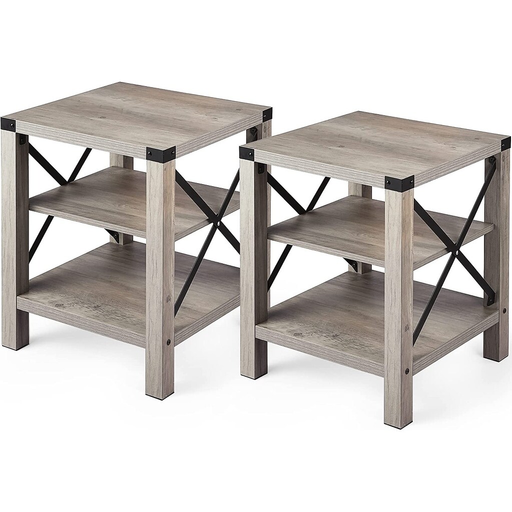 Rustic End Table Set of 2， Farmhouse Accent Cocktail Table Storage Shelf， Industrial Wood Look Tea Table