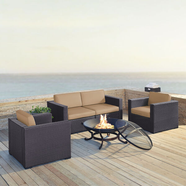 Biscayne 4 Person Outdoor Wicker Seating Set in Mocha - Two Armchairs， Two Corner Chair， Ashland Firepit