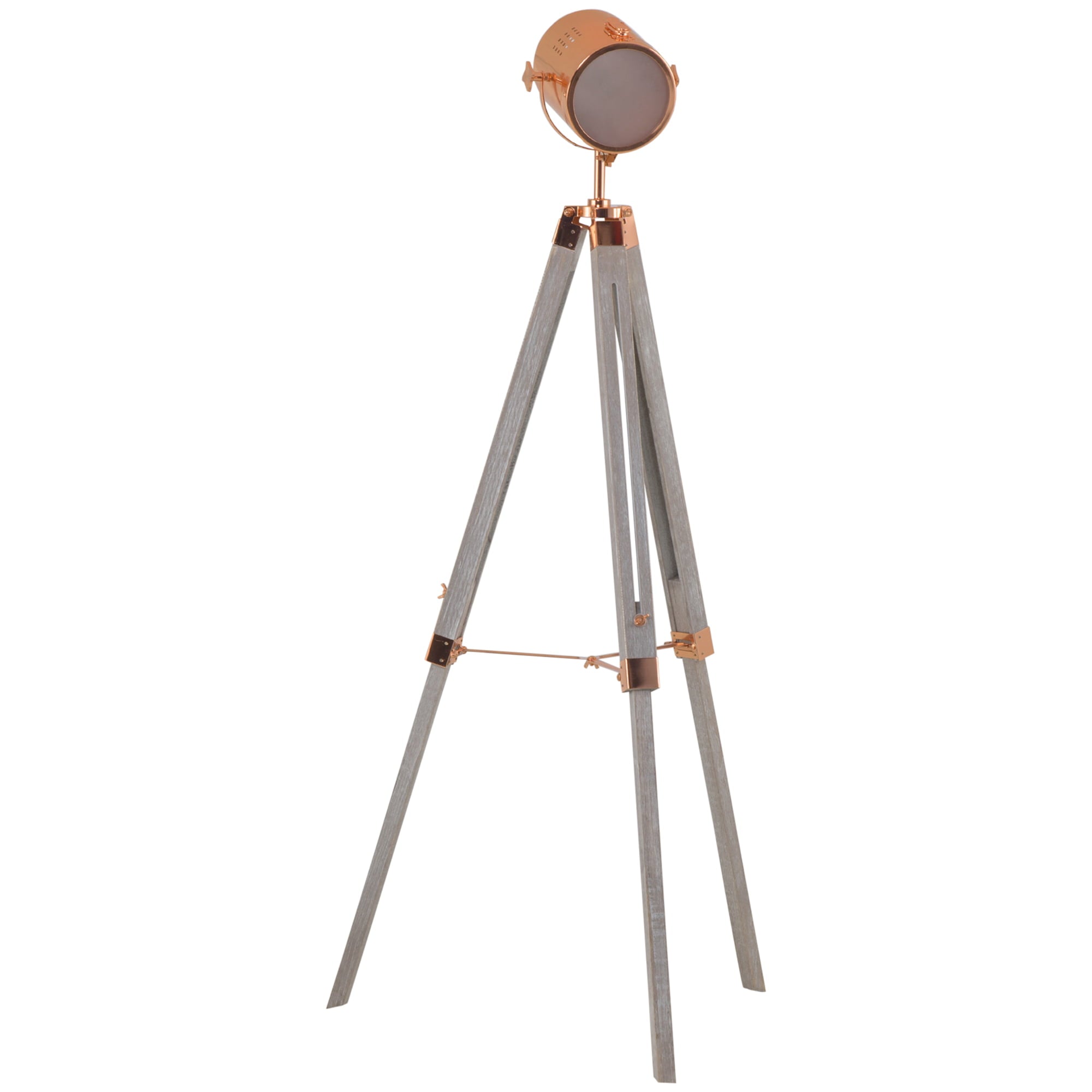 HOMCOM Vintage Tripod Floor Lamp, Height Adjustable Nautical Spotlight with Wood Legs, E12 Lamp Base for Living Room, Bedroom, Grey and Rose Gold