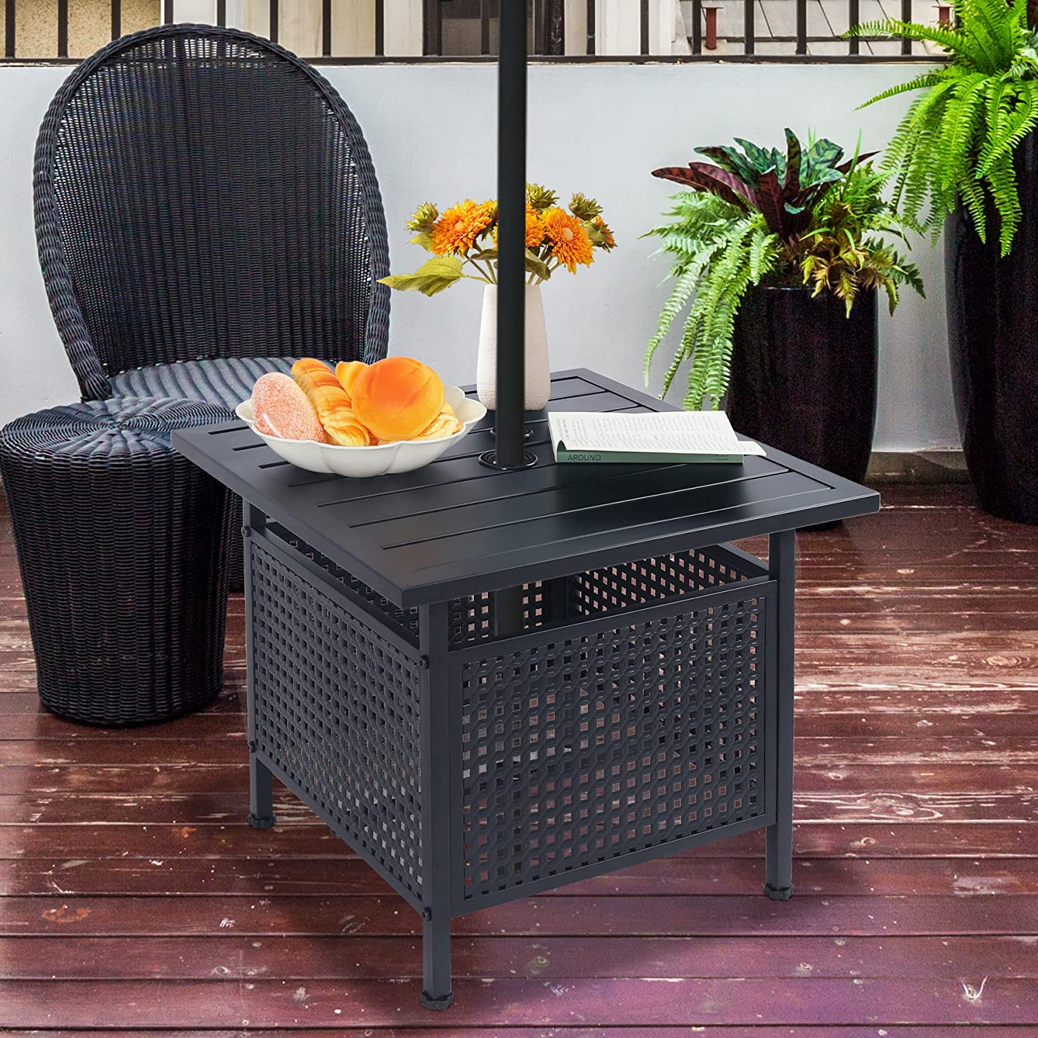 REDCAMP Outdoor Side Table with 1.6 Inches Umbrella Hole, Square Metal Patio Bistro Side Table Stand for Pool Garden Backyard