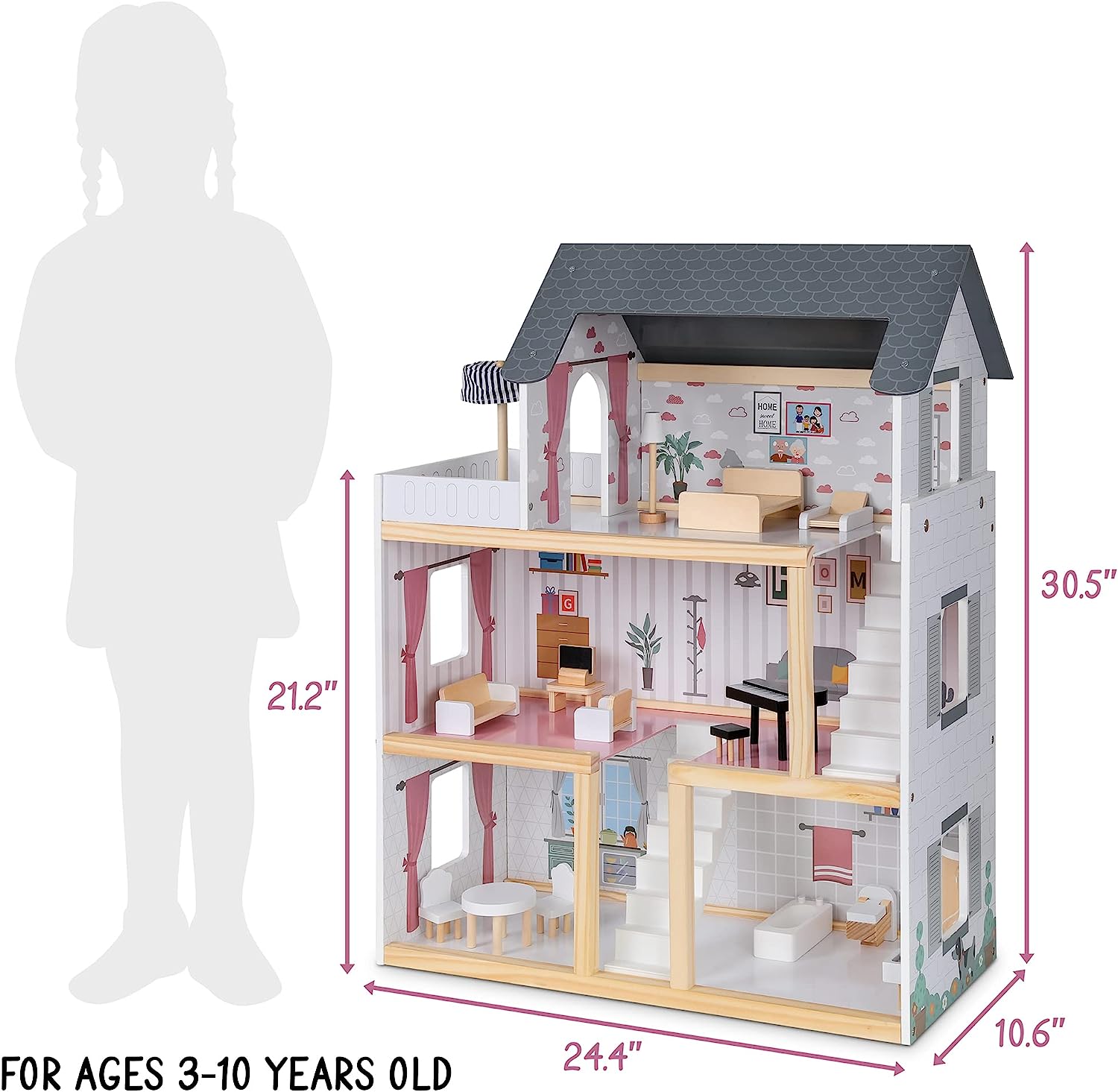 Lil’ Jumbl Kids Wooden Dollhouse， 17-Piece Accessories and Furniture are Included， with Balcony and Stairs， 3 Story Easy to Assemble Doll House Toy