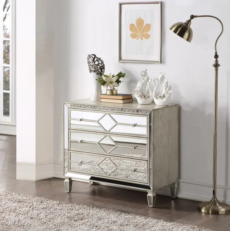 Burnished Ivory and Mirrored 3 Drawer Accent Chest