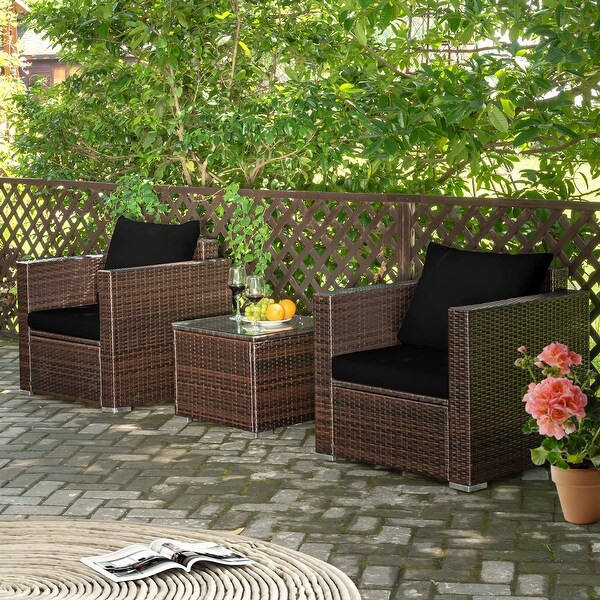 Gymax 3PCS Rattan Patio Outdoor Conversation Furniture Set w/ Black