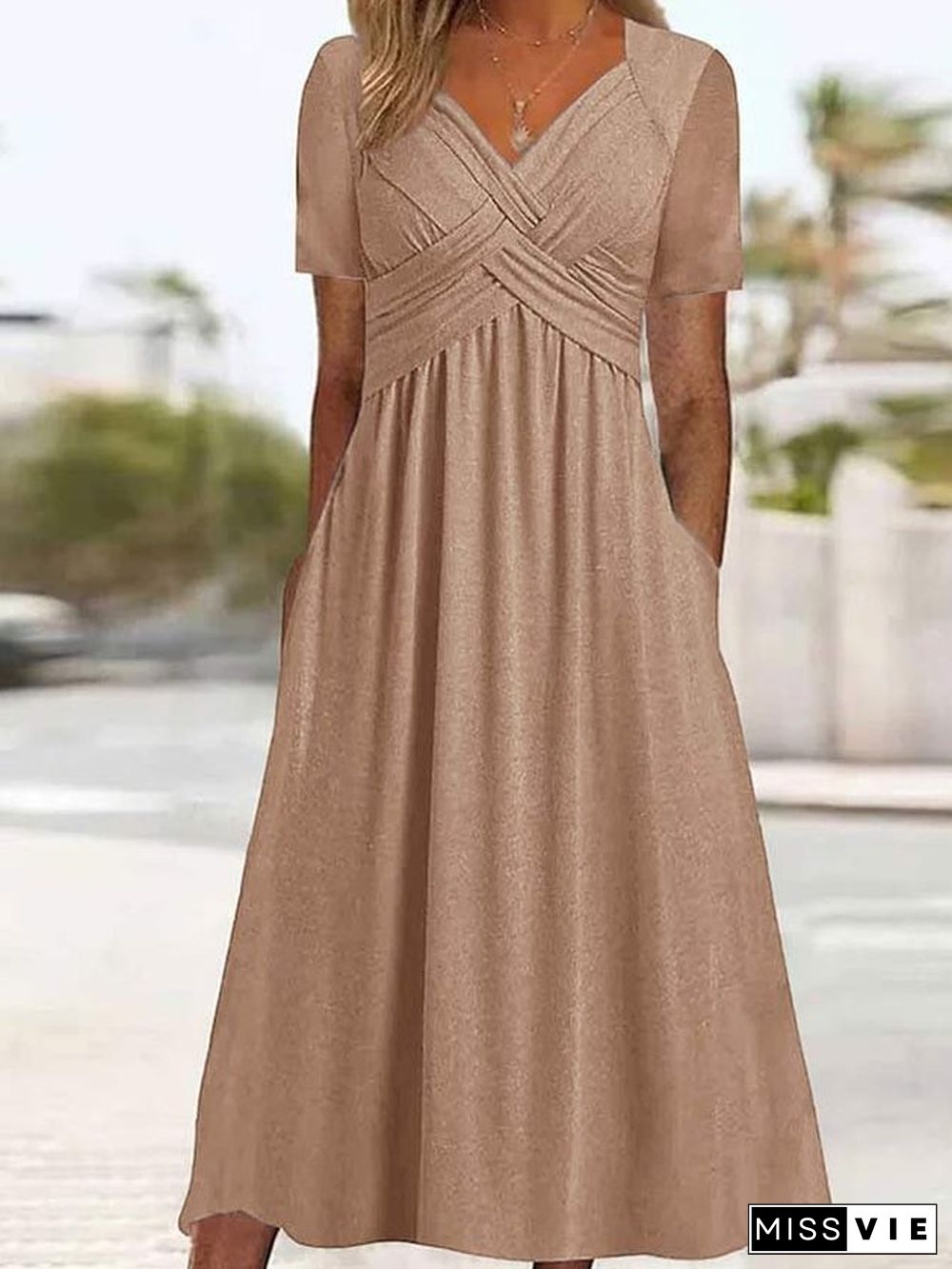 Women Casual Plain Natural Regular Fit Sweetheart Neckline Fit & Flare Maxi Dress