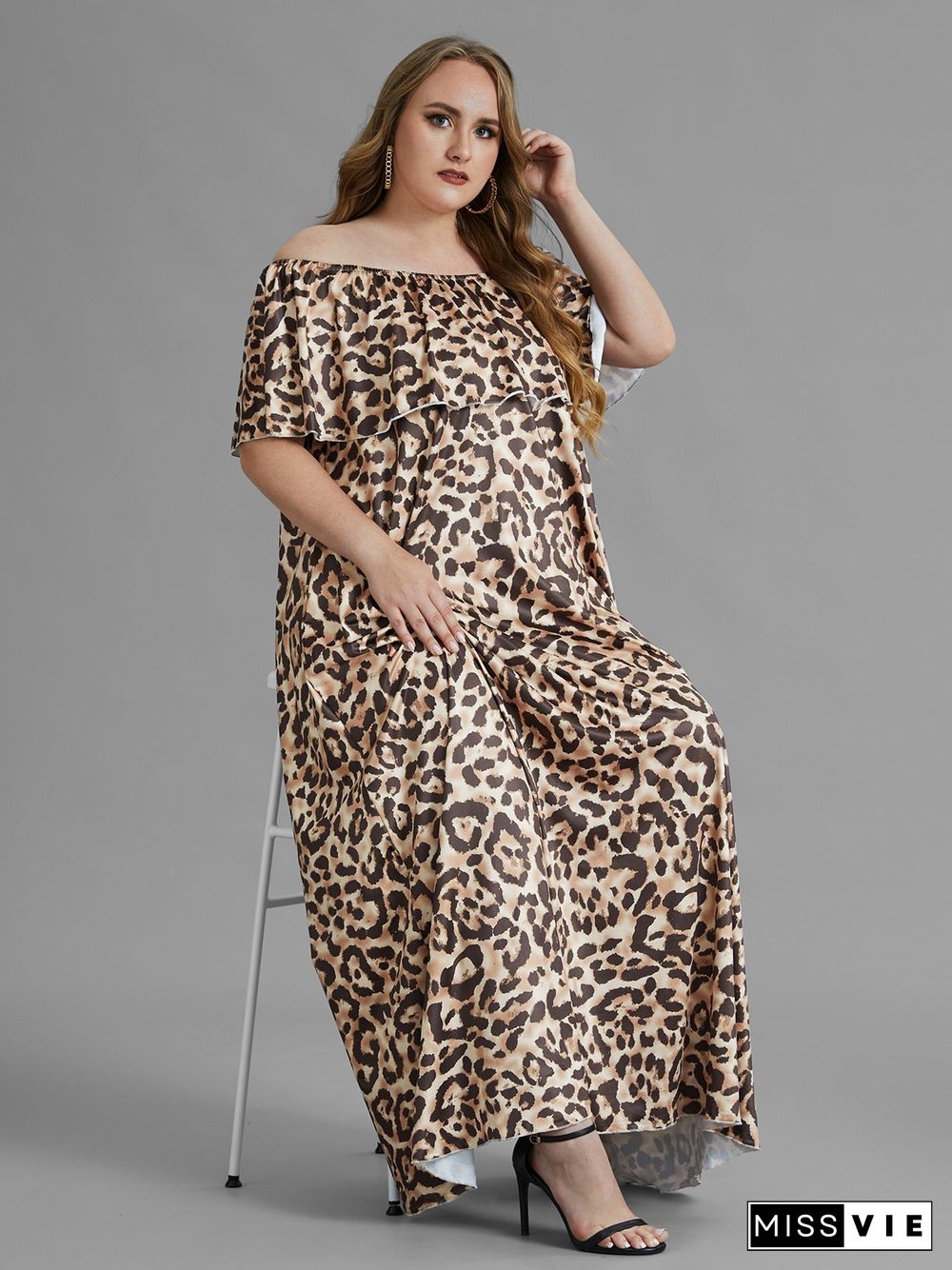 Plus Size Summer Leopard Print Off The Shoulder Short Sleeve Loose Party Club Holiday Maxi Long Dresses