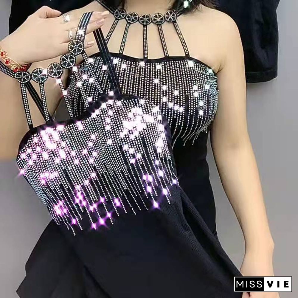 Ladies Sport Camis Femme Sexy Rhinestones Camisole Woman Bling Bling Shiny Gemstones Tanks Tops Womens Paded Camisole Top