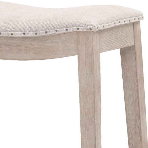 27 Inch Coastal Counter Height Wood Stool， Nailhead Trim Fabric Seat， Gray