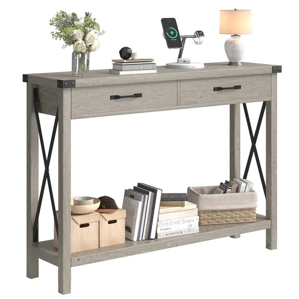 Console Table with 2 Drawers， Farmhouse Sofa Table with Storage Shelf， Accent Wood Entryway Table for Living Room