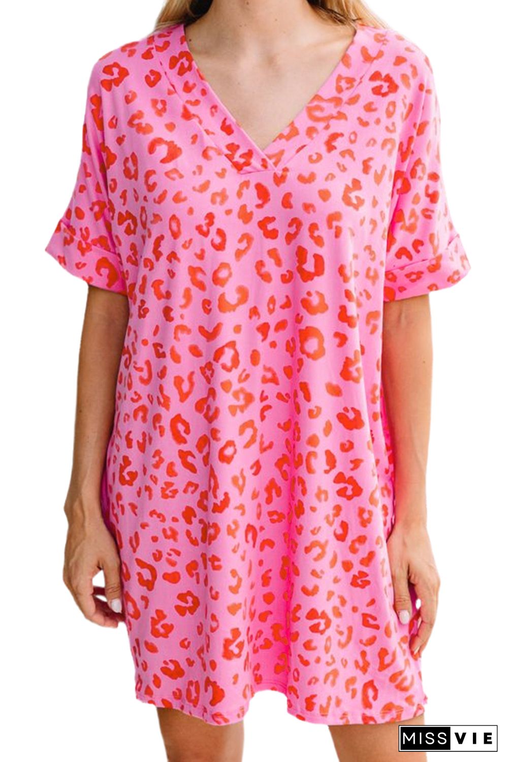 Pink Leopard Print V Neck Shift T-shirt Dress