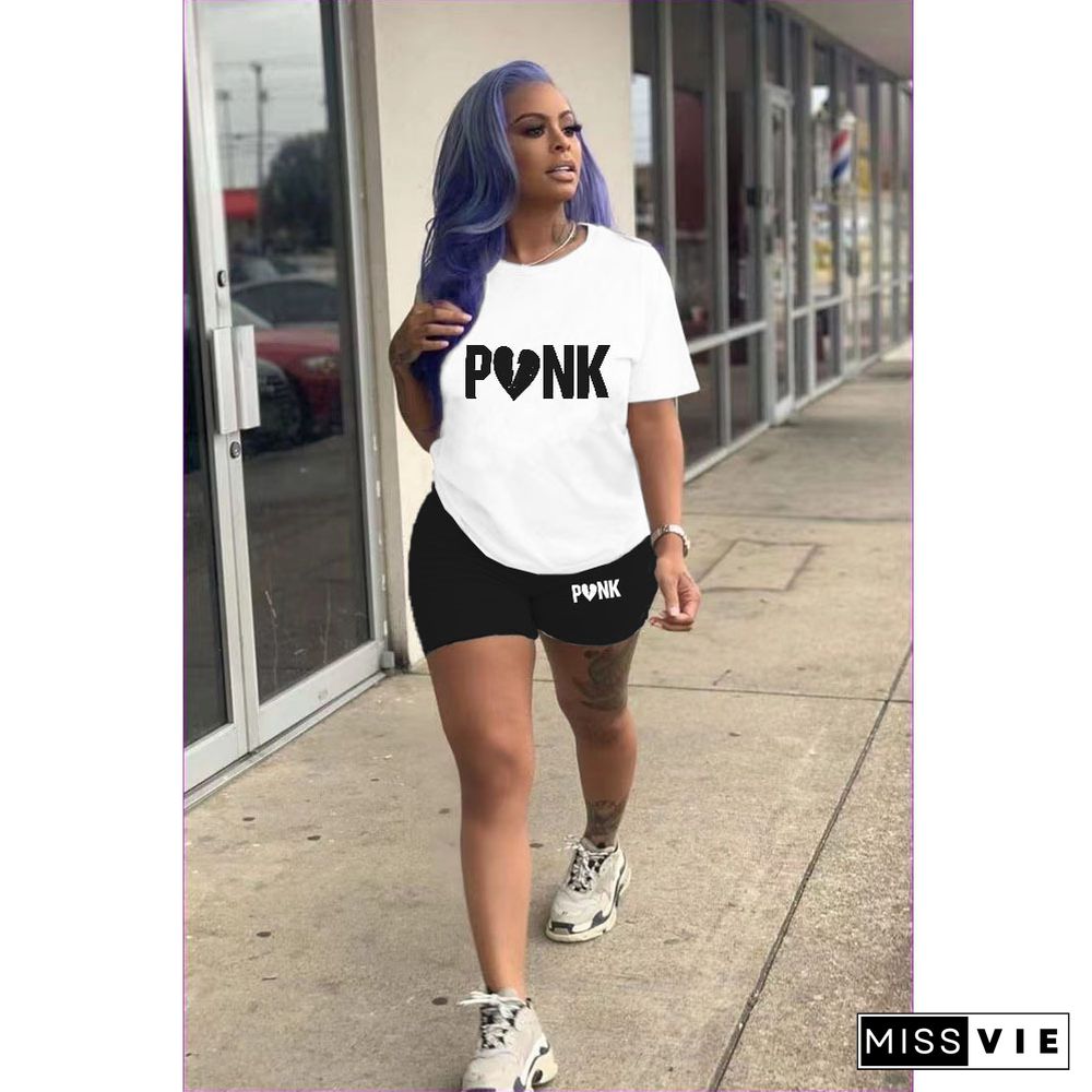 PINK Letter Short Sleeve T Shirt Shorts Two Piece Set