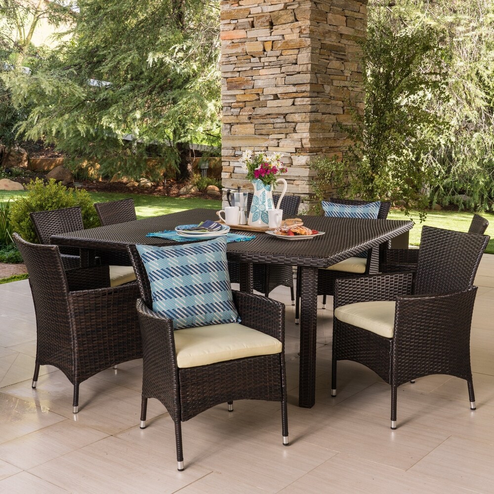 Aristo Outdoor 9 piece Square Wicker Dining Set with Cushions by Christopher Knight Home