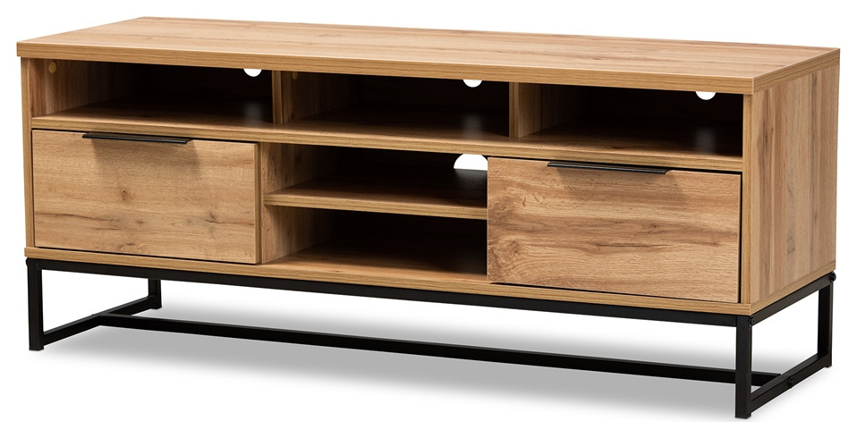 Modern and Industrial Oak Finished Wood and Black Metal 2 Drawer TV Stand   Industrial   Entertainment Centers And Tv Stands   by Imtinanz  LLC  Houzz