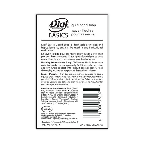 Dial Professional Dial Basics MP Free Liquid Hand Soap | Unscented， 3.78 L Refill Bottle | DIA33809EA