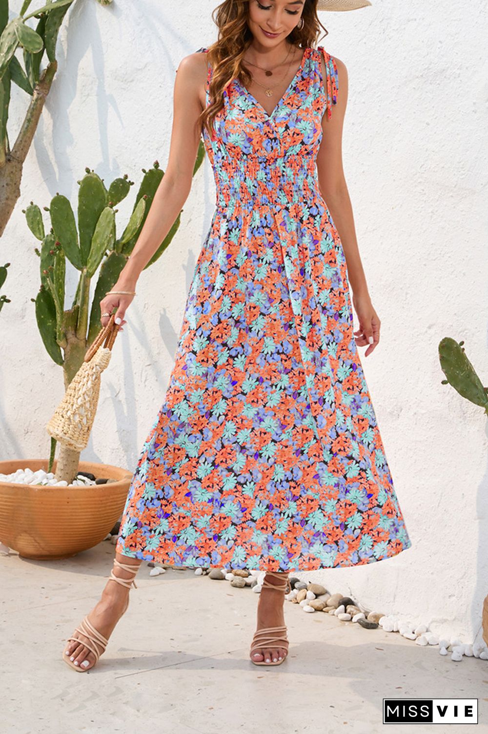 V Neck Floral Print Elastic Waist Dress