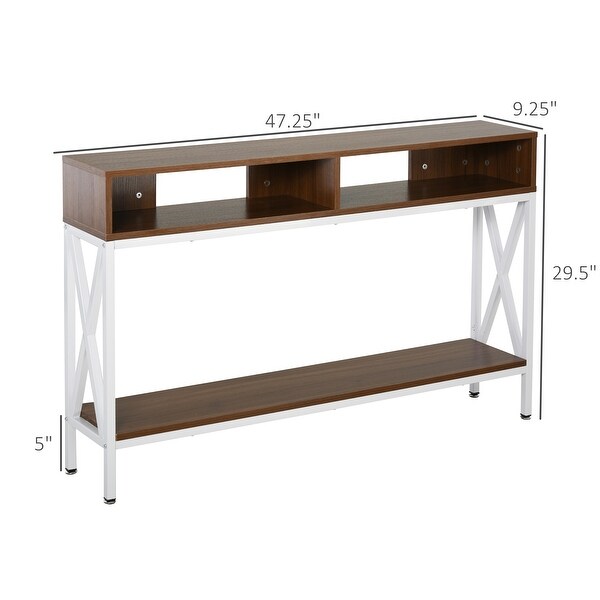 HOMCOM Industrial Style Entryway Console Table Desk with Shelf for Living Room， or Bedroom， Walnut Wood Grain