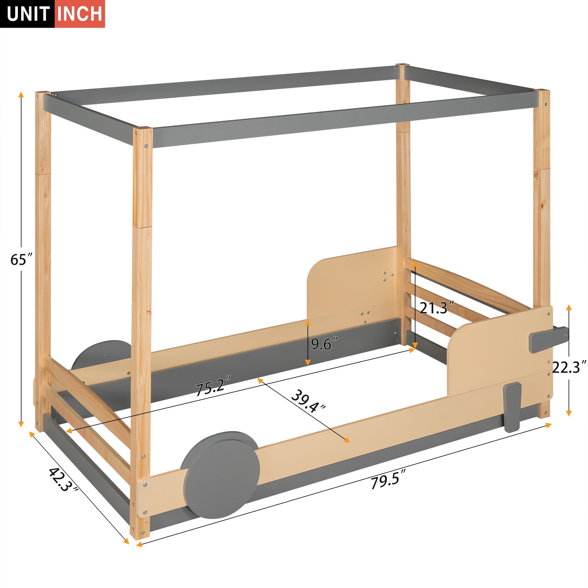 Twin Canopy Car-Shaped Platform Bed for Kids Bedroom, Natural & Gray