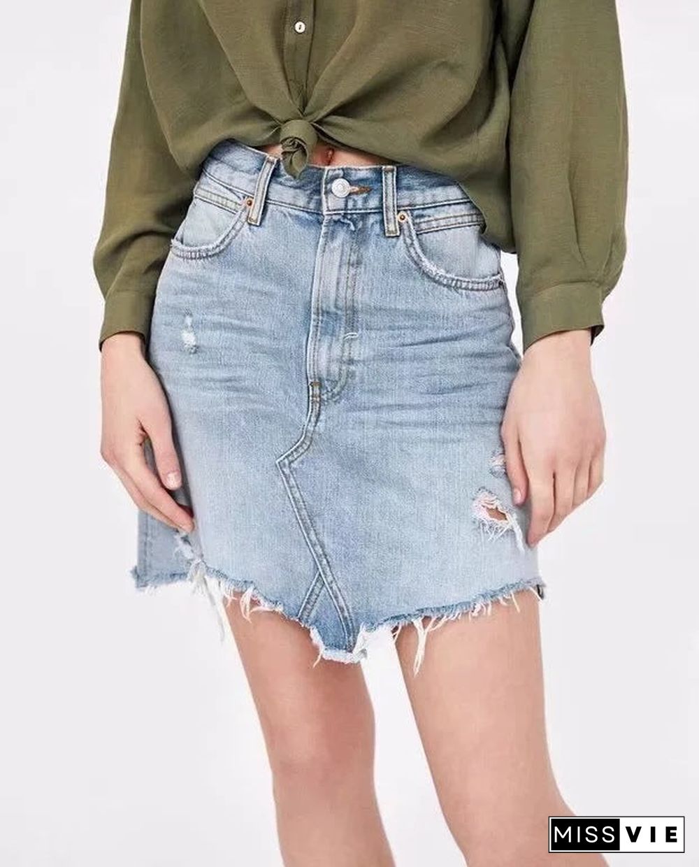 Vintage Washed Distressed Notched Light Denim Mini Skirt