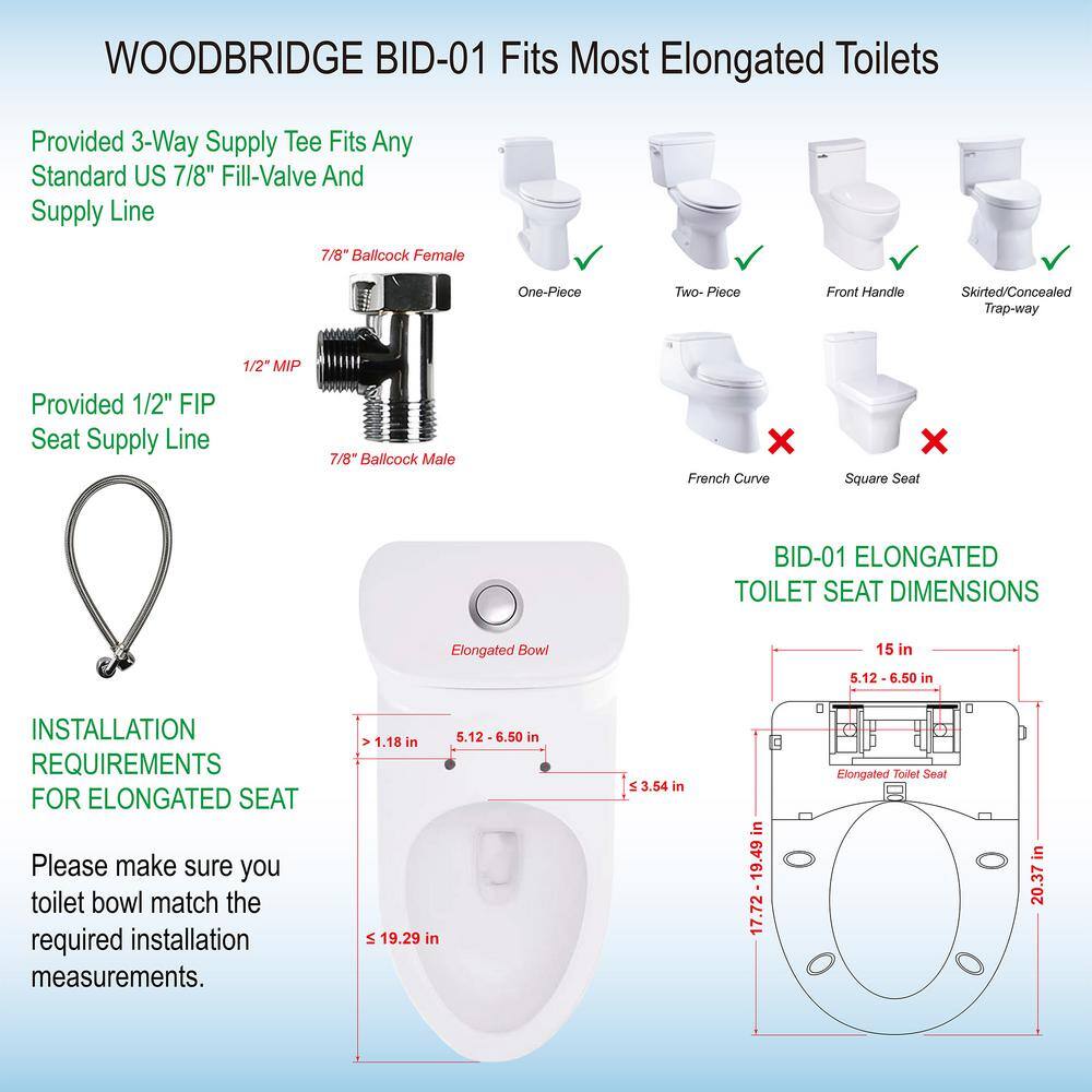 WOODBRIDGE Electric Bidet Seat for Elongated Toilet with Remote Control in White HT0063