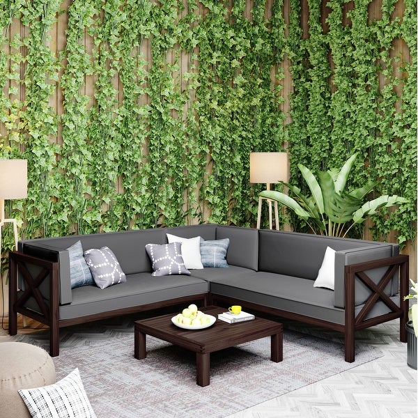 4 Pieces Outdoor Corner Design Patio Sectional Sofa Set， Featuring Wooden X-back Frames and Cushions， with Solid Wood Table - Overstock - 37495576