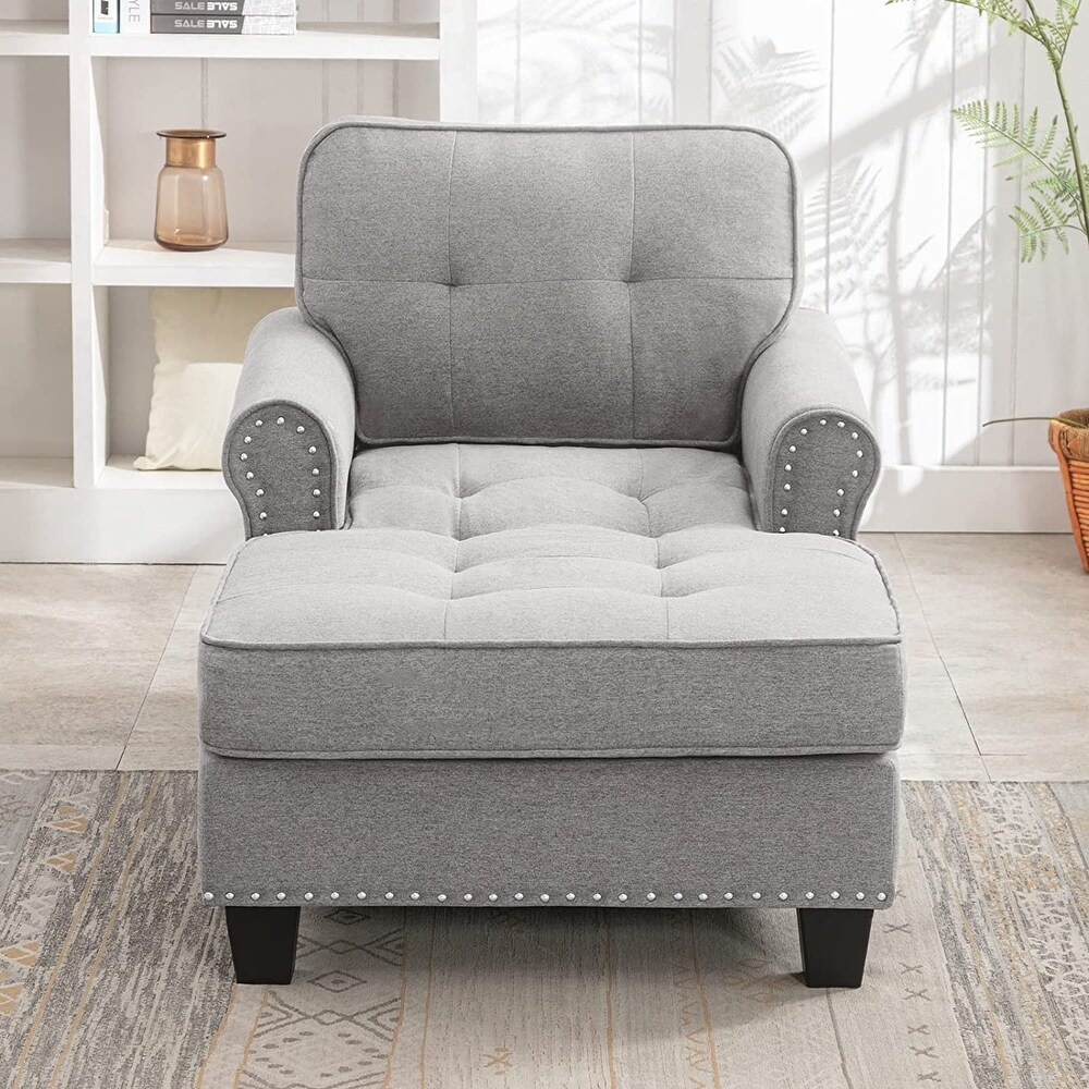 Mixoy Tufted Linen Chaise Lounge Chair with Armrests  Modern Mid Century Chaise Lounge Sofa Couch  Rivet Sleeper Sofa Chair