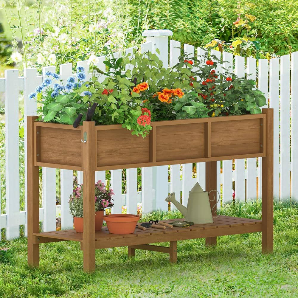 LUE BONA Raised Garden Bed， Elevated Wood Planter Box Stand for Backyard， Patio， Balcony-Teak DPTHD23002-5