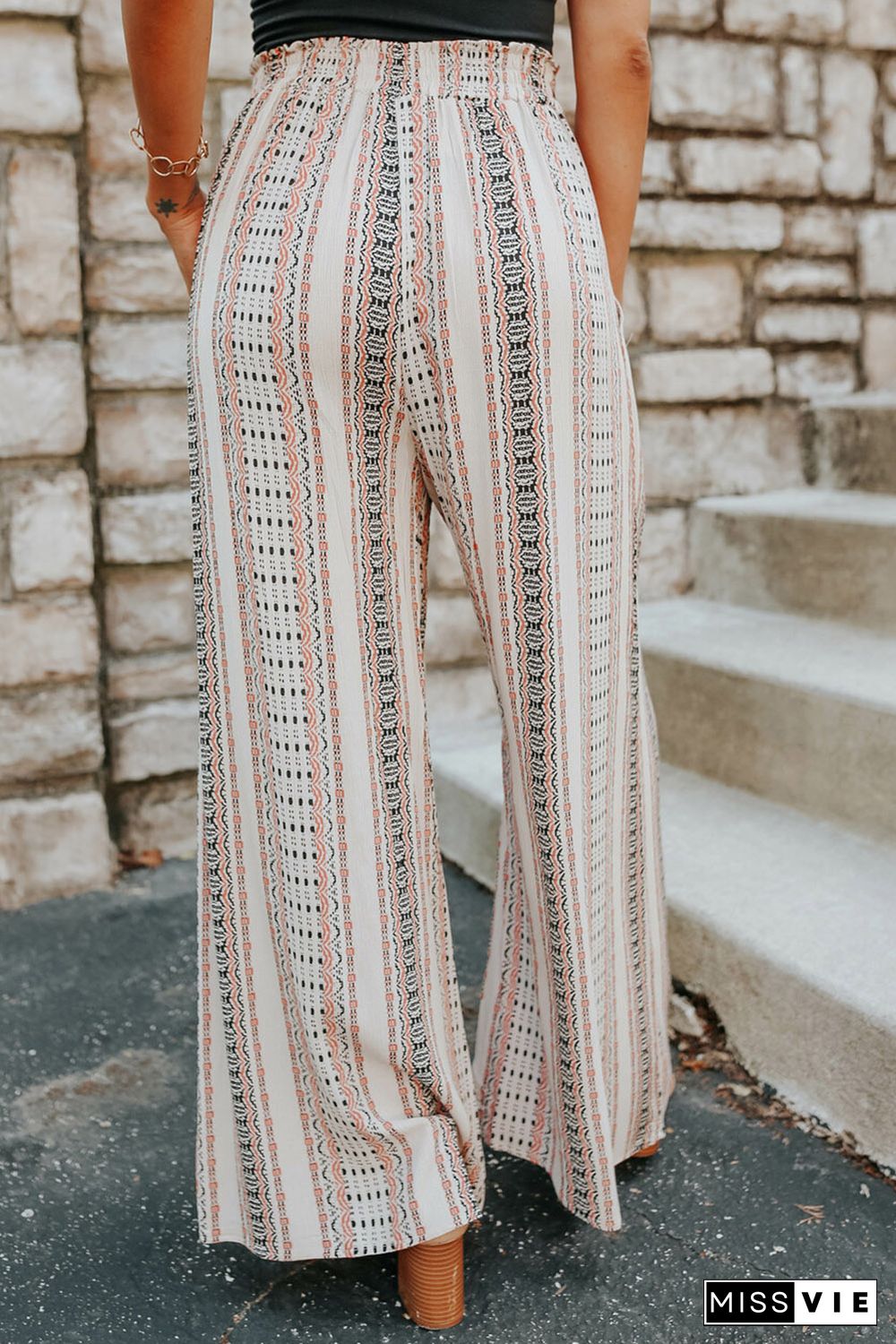 White Geometric Pattern Shirred Wide Leg Plus Size Pants